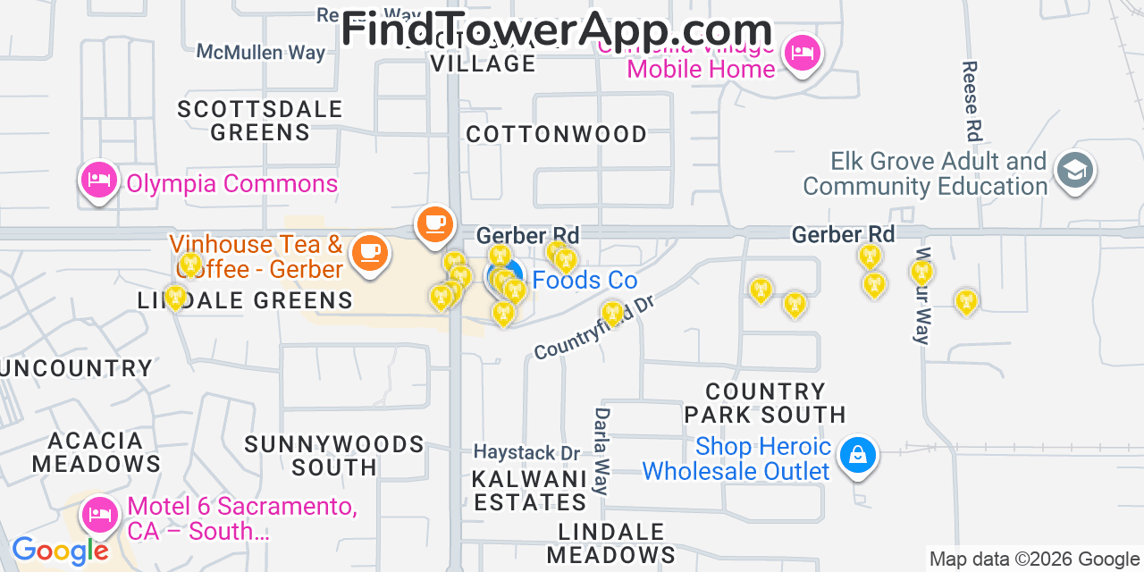 Map showing the 20 primary cell tower locations detected in Florin, California from AT&T, Verizon, and T-Mobile networks