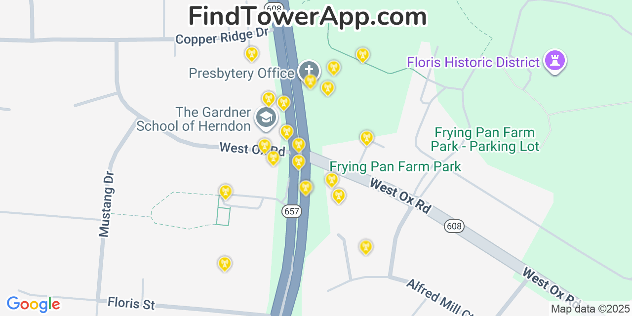 Map showing the 20 primary cell tower locations detected in Floris, Virginia from AT&T, Verizon, and T-Mobile networks