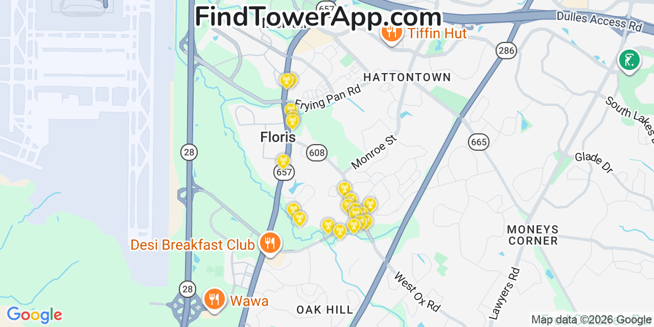 Map showing the 20 primary cell tower locations detected in Floris, Virginia from AT&T, Verizon, and T-Mobile networks