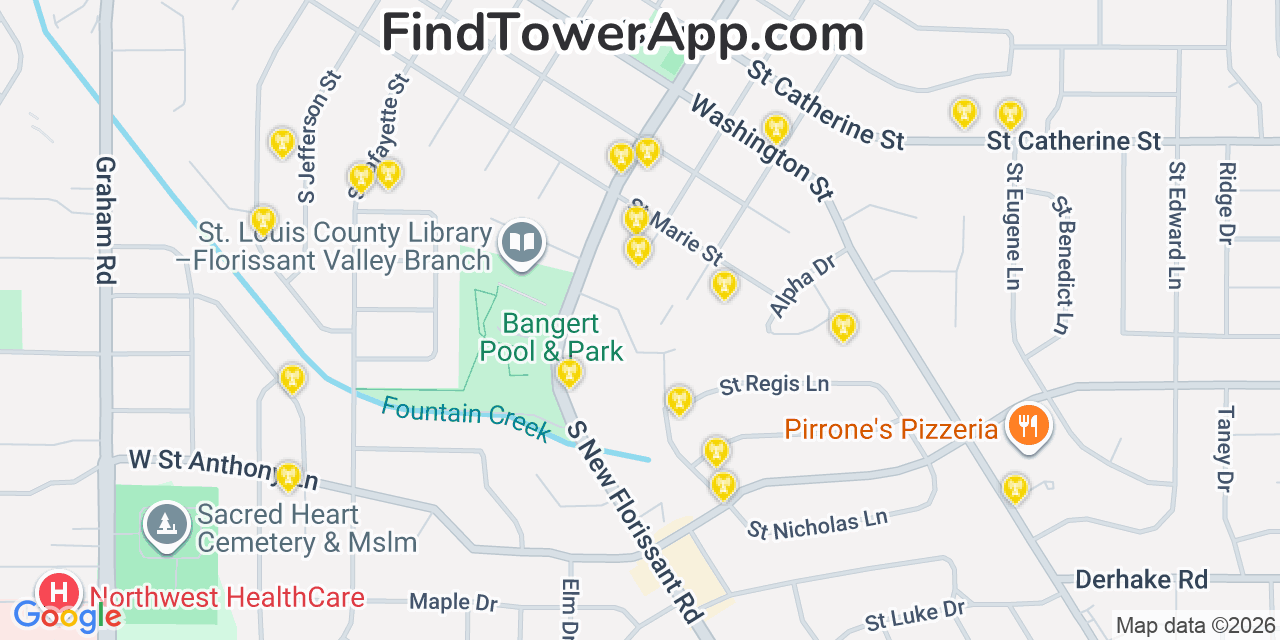 Map showing the 20 primary cell tower locations detected in Florissant, Missouri from AT&T, Verizon, and T-Mobile networks