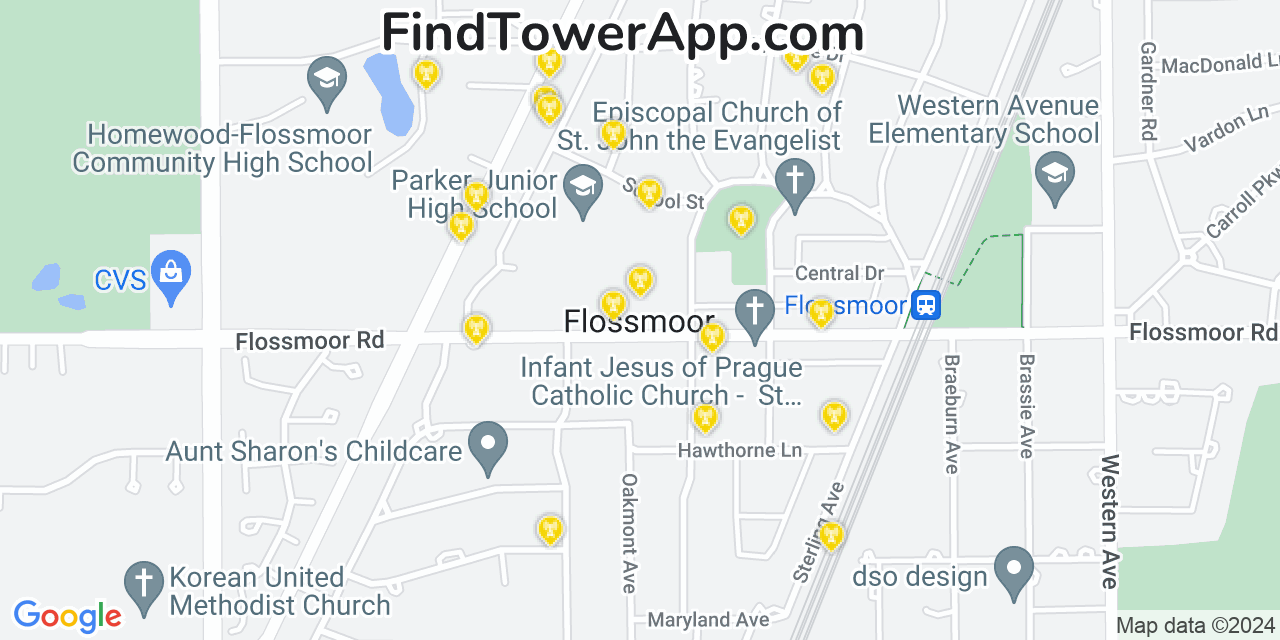 AT&T 4G/5G cell tower coverage map Flossmoor, Illinois