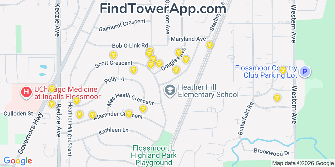 Map showing the 20 primary cell tower locations detected in Flossmoor, Illinois from AT&T, Verizon, and T-Mobile networks