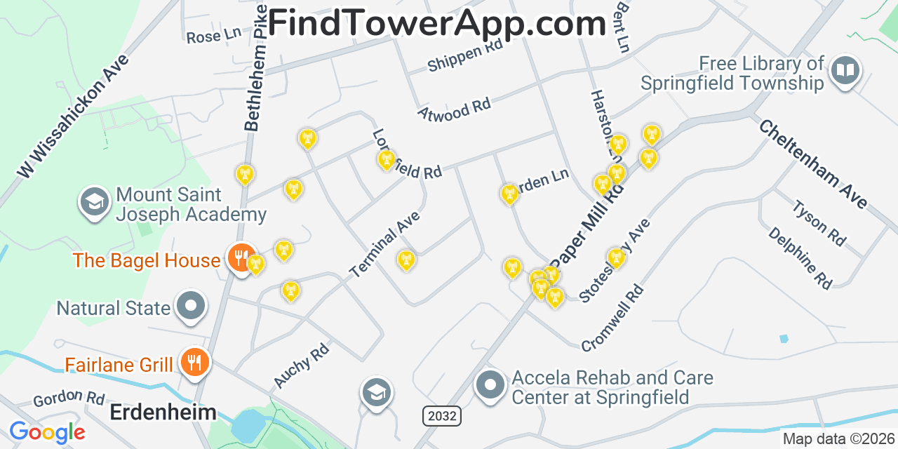 Map showing the 20 primary cell tower locations detected in Flourtown, Pennsylvania from AT&T, Verizon, and T-Mobile networks