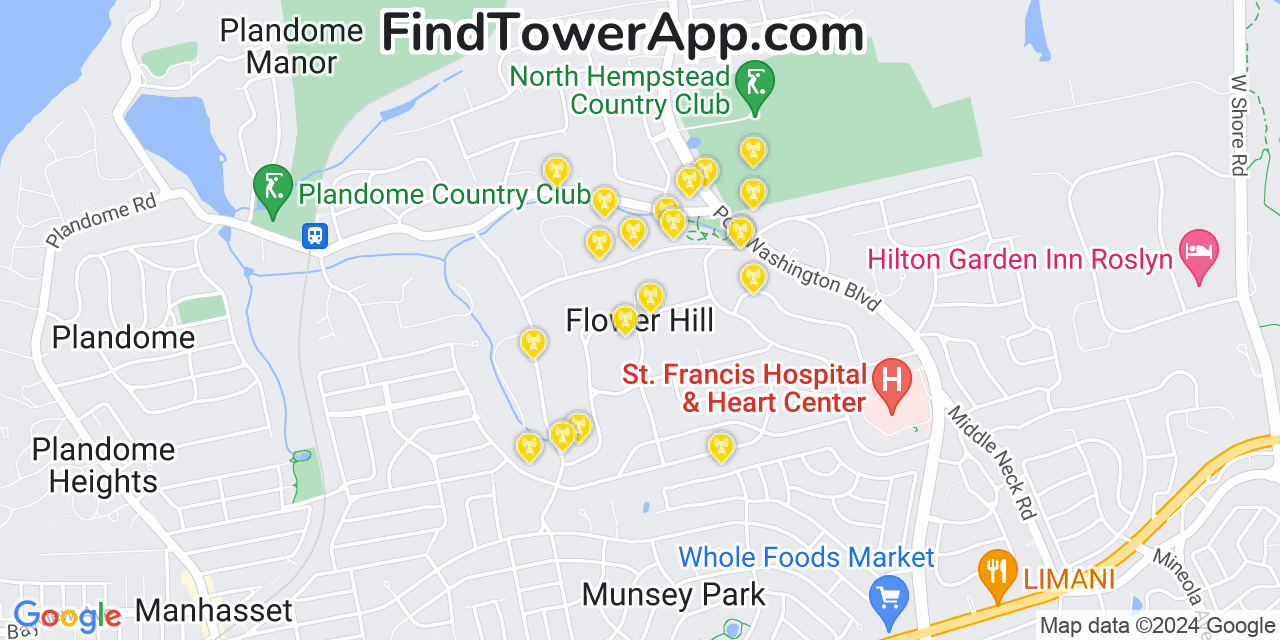 AT&T 4G/5G cell tower coverage map Flower Hill, New York