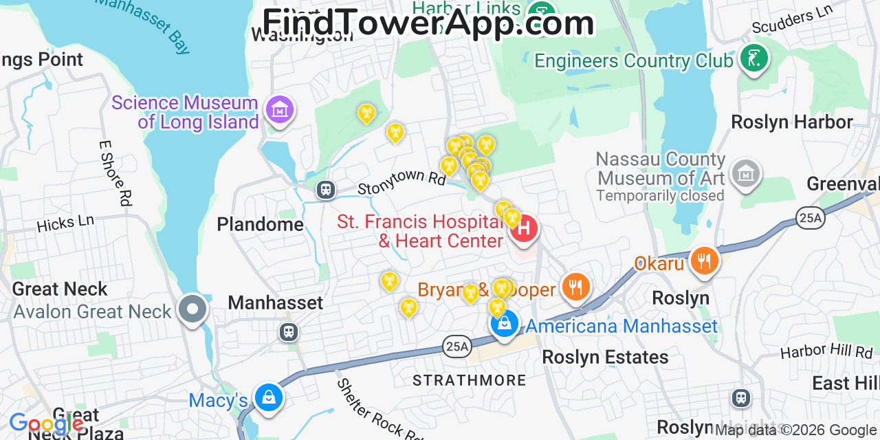 Map showing the 20 primary cell tower locations detected in Flower Hill, New York from AT&T, Verizon, and T-Mobile networks
