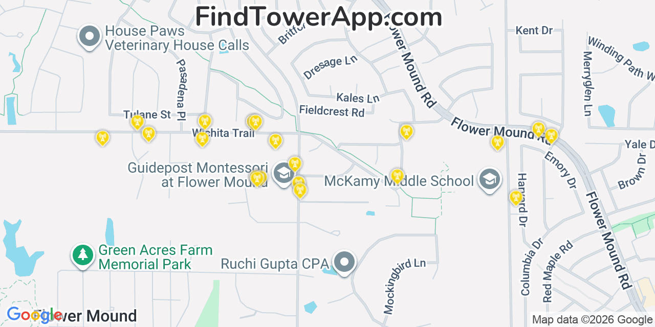 Map showing the 20 primary cell tower locations detected in Flower Mound, Texas from AT&T, Verizon, and T-Mobile networks