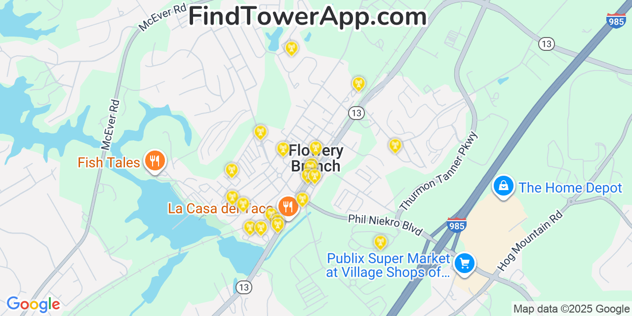 Map showing the 20 primary cell tower locations detected in Flowery Branch, Georgia from AT&T, Verizon, and T-Mobile networks