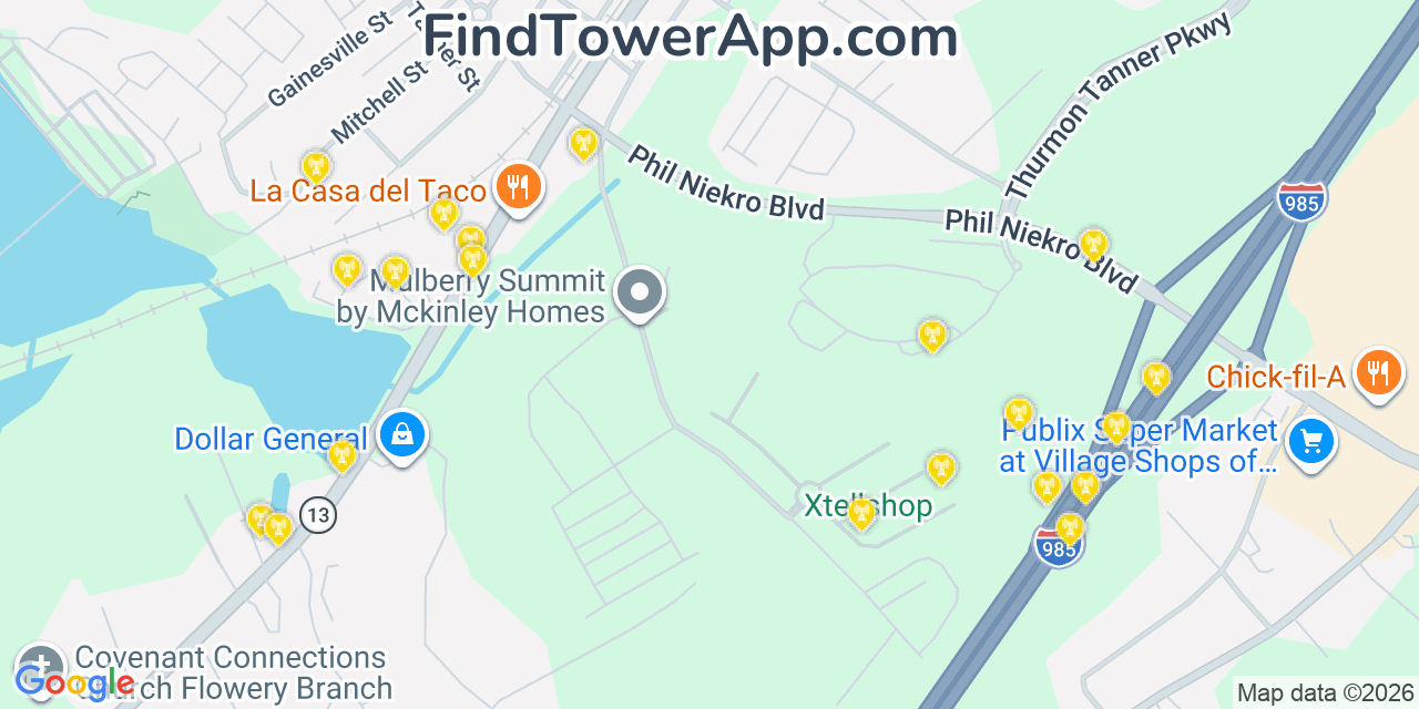 Map showing the 20 primary cell tower locations detected in Flowery Branch, Georgia from AT&T, Verizon, and T-Mobile networks