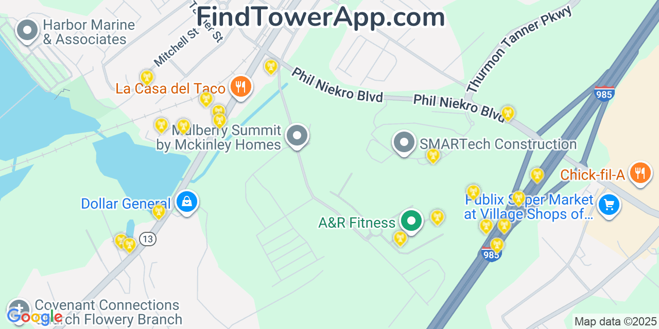 Map showing the 20 primary Mobitel cell tower locations detected in Flowery Branch, Georgia with coverage radius and signal strength indicators