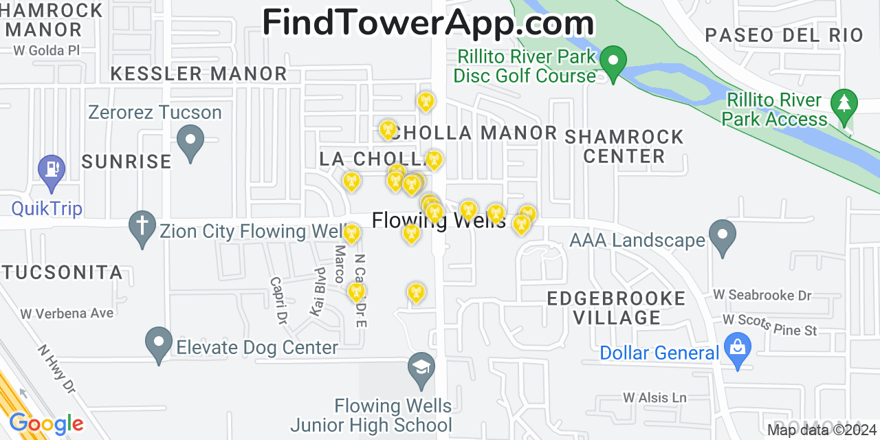 AT&T 4G/5G cell tower coverage map Flowing Wells, Arizona