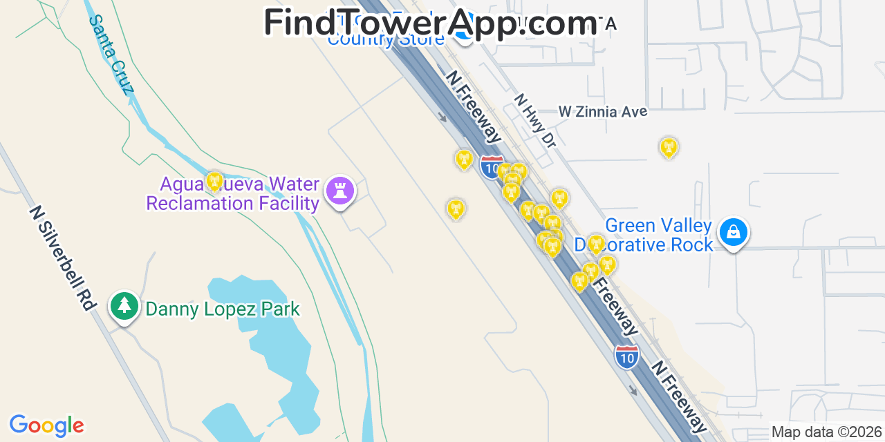 Map showing the 20 primary cell tower locations detected in Flowing Wells, Arizona from AT&T, Verizon, and T-Mobile networks