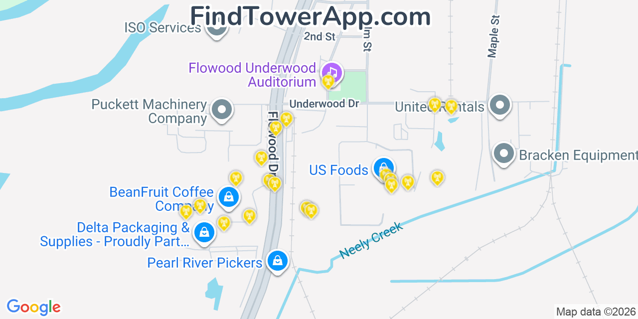 Map showing the 20 primary cell tower locations detected in Flowood, Mississippi from AT&T, Verizon, and T-Mobile networks