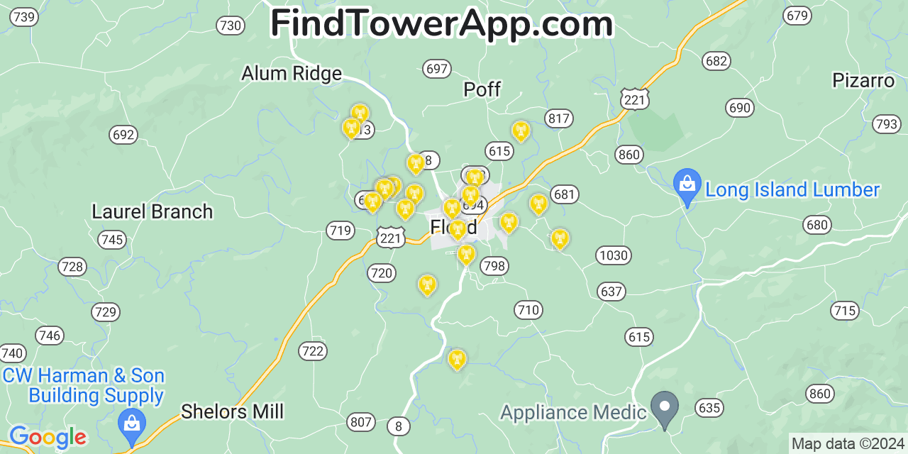 AT&T 4G/5G cell tower coverage map Floyd, Virginia