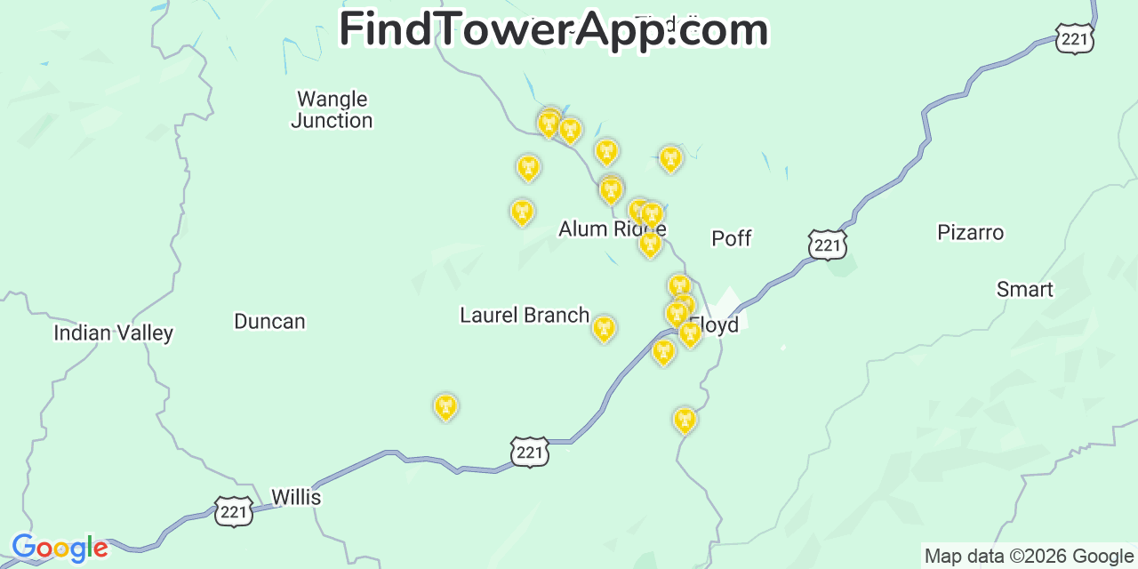Map showing the 20 primary cell tower locations detected in Floyd, Virginia from AT&T, Verizon, and T-Mobile networks