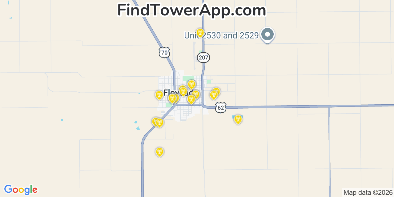 Map showing the 20 primary cell tower locations detected in Floydada, Texas from AT&T, Verizon, and T-Mobile networks
