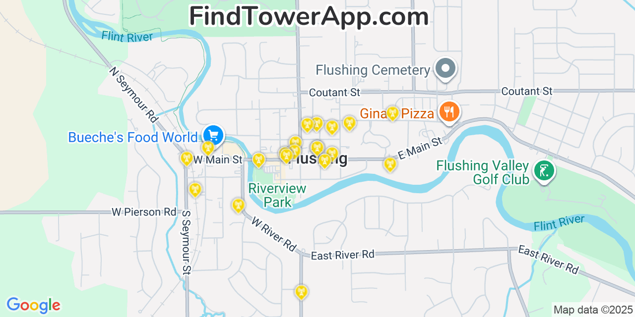 Map showing the 20 primary cell tower locations detected in Flushing, Michigan from AT&T, Verizon, and T-Mobile networks