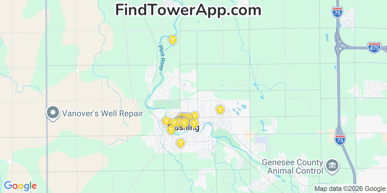 Map showing the 20 primary cell tower locations detected in Flushing, Michigan from AT&T, Verizon, and T-Mobile networks