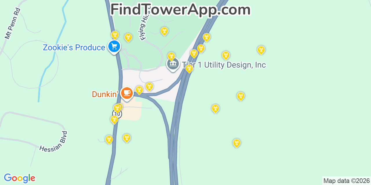 Map showing the 20 primary cell tower locations detected in Flying Hills, Pennsylvania from AT&T, Verizon, and T-Mobile networks