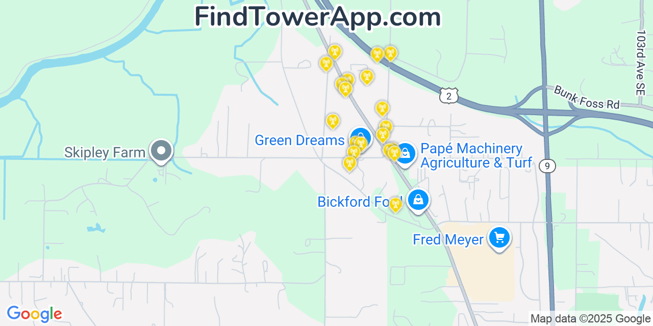 Map showing the 20 primary cell tower locations detected in Fobes Hill, Washington from AT&T, Verizon, and T-Mobile networks