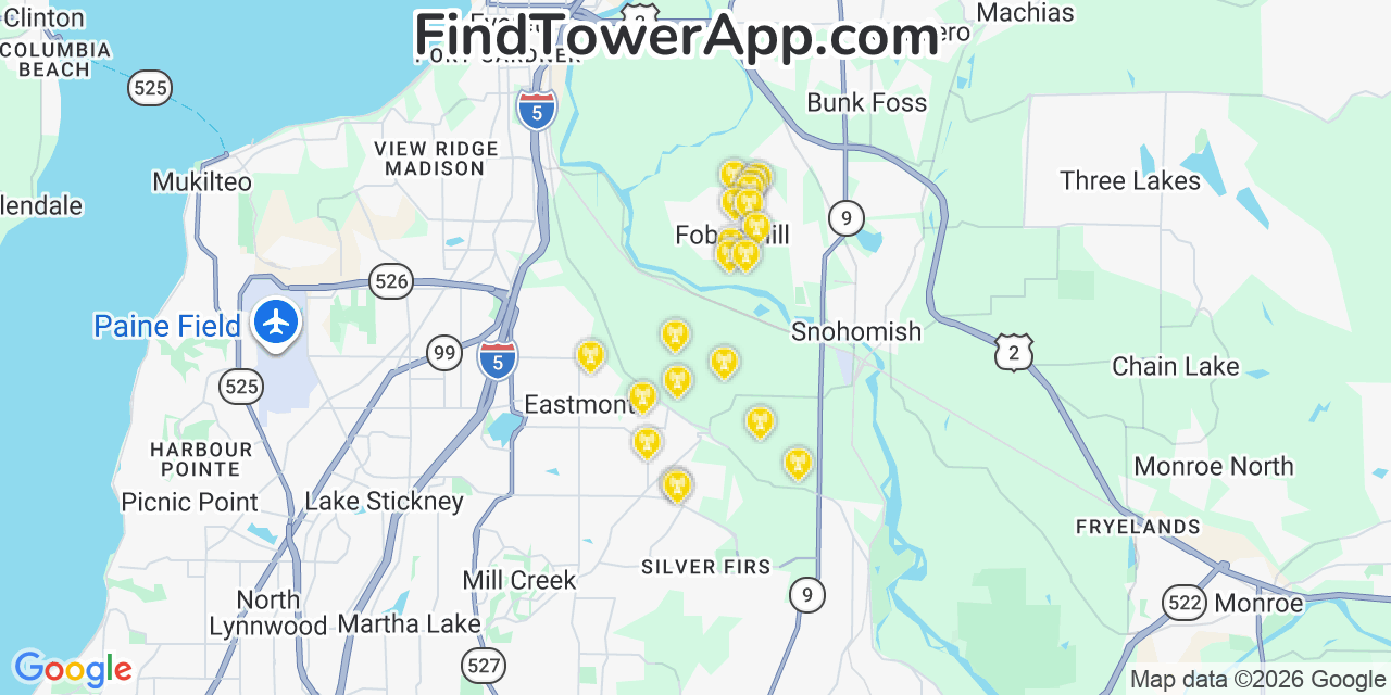 Map showing the 20 primary cell tower locations detected in Fobes Hill, Washington from AT&T, Verizon, and T-Mobile networks