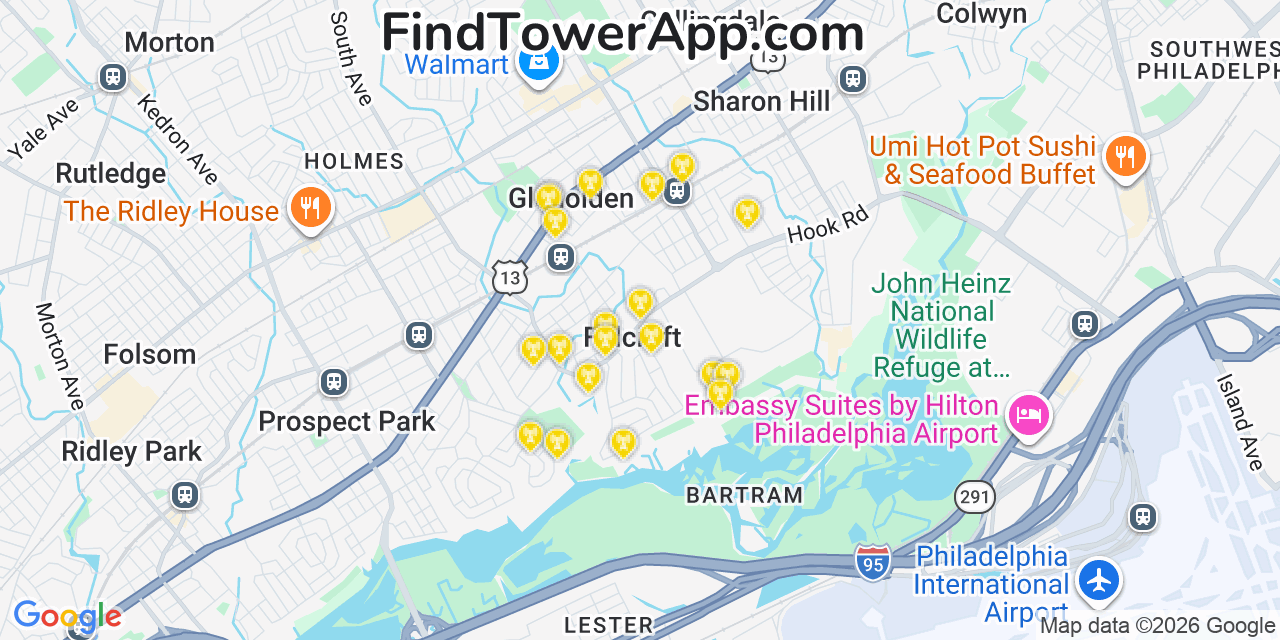 Map showing the 20 primary cell tower locations detected in Folcroft, Pennsylvania from AT&T, Verizon, and T-Mobile networks