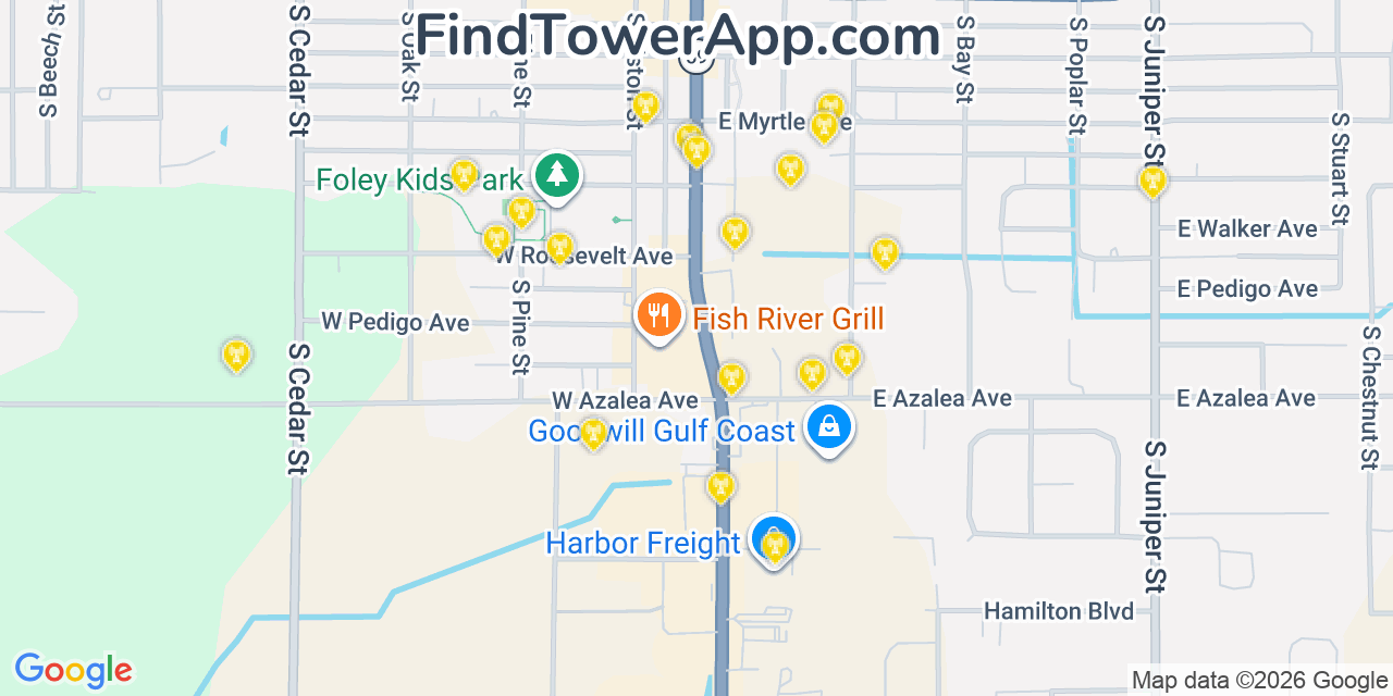 Map showing the 20 primary cell tower locations detected in Foley, Alabama from AT&T, Verizon, and T-Mobile networks