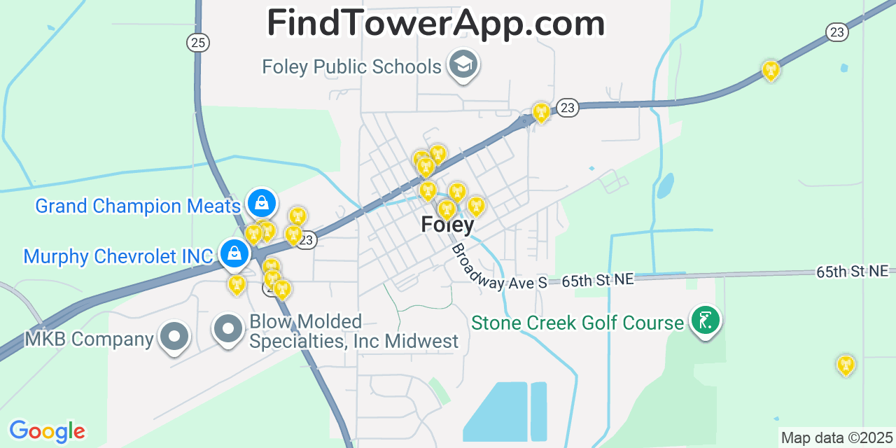 Map showing the 20 primary cell tower locations detected in Foley, Minnesota from AT&T, Verizon, and T-Mobile networks
