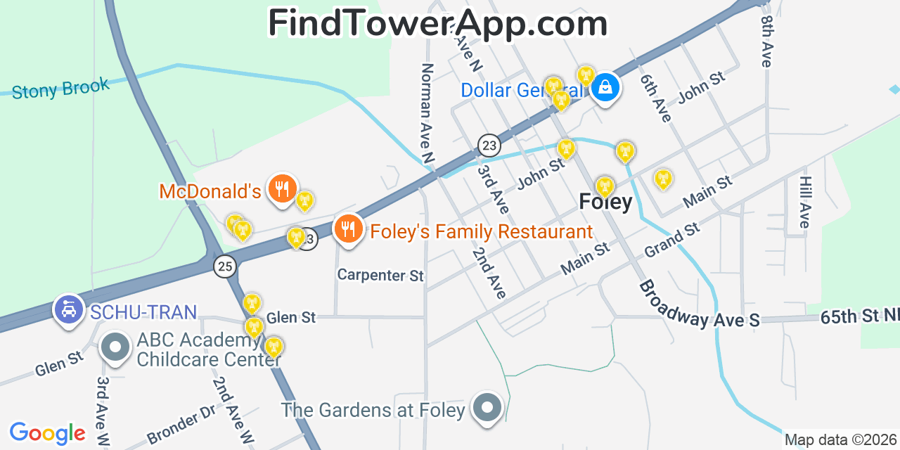 Map showing the 20 primary cell tower locations detected in Foley, Minnesota from AT&T, Verizon, and T-Mobile networks