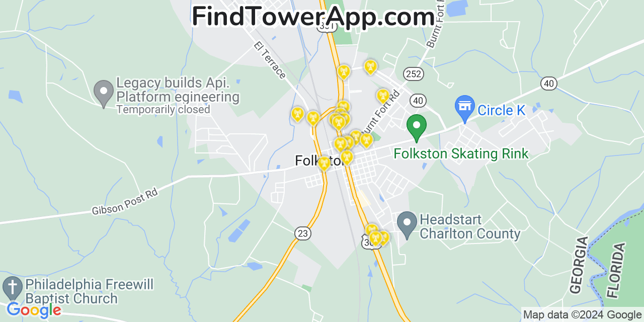 AT&T 4G/5G cell tower coverage map Folkston, Georgia