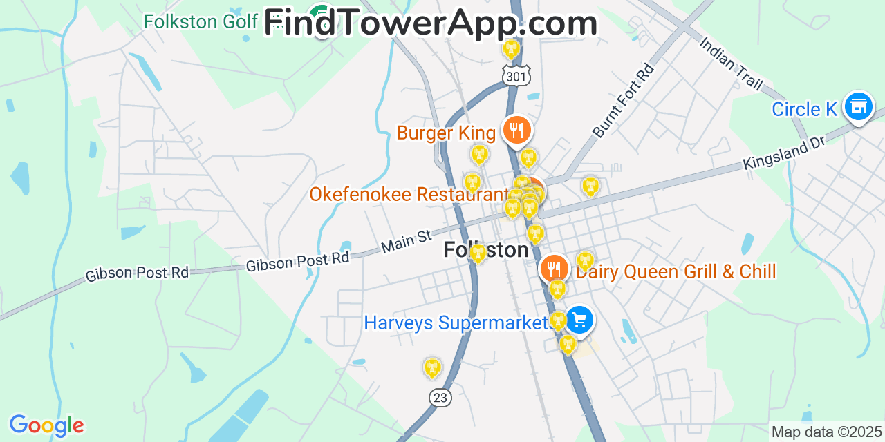 Map showing the 20 primary cell tower locations detected in Folkston, Georgia from AT&T, Verizon, and T-Mobile networks