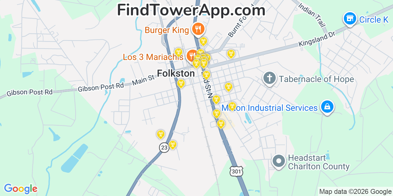 Map showing the 20 primary cell tower locations detected in Folkston, Georgia from AT&T, Verizon, and T-Mobile networks