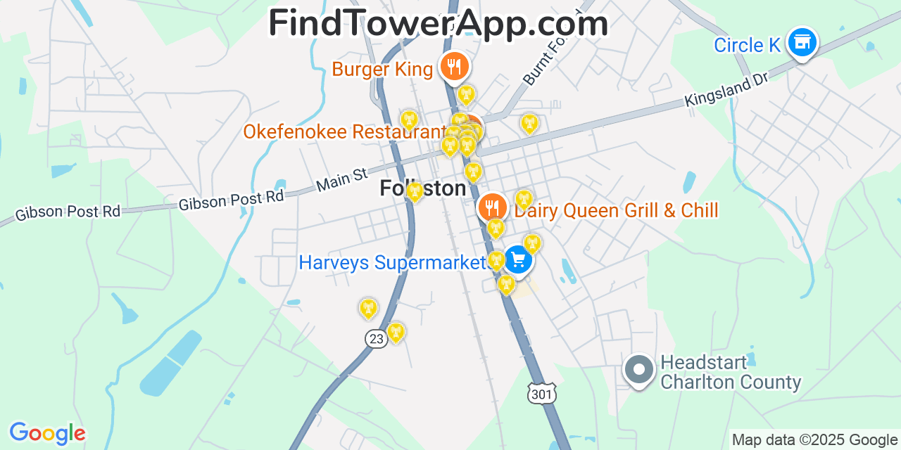 Map showing the 20 primary Mobitel cell tower locations detected in Folkston, Georgia with coverage radius and signal strength indicators