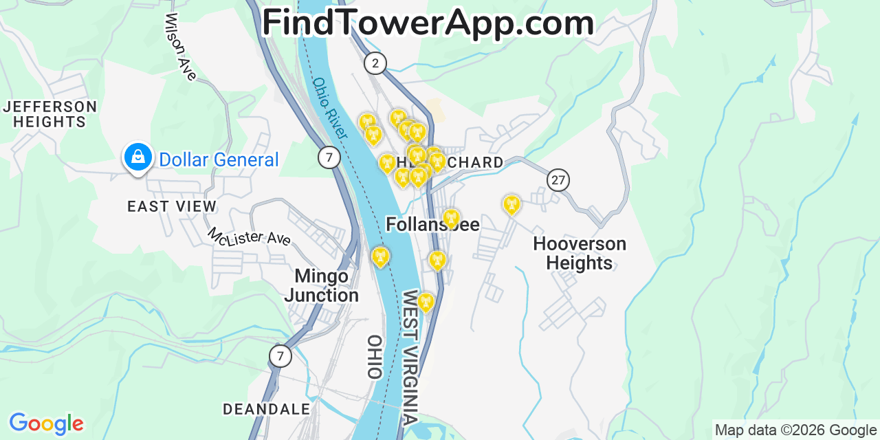 Map showing the 20 primary cell tower locations detected in Follansbee, West Virginia from AT&T, Verizon, and T-Mobile networks