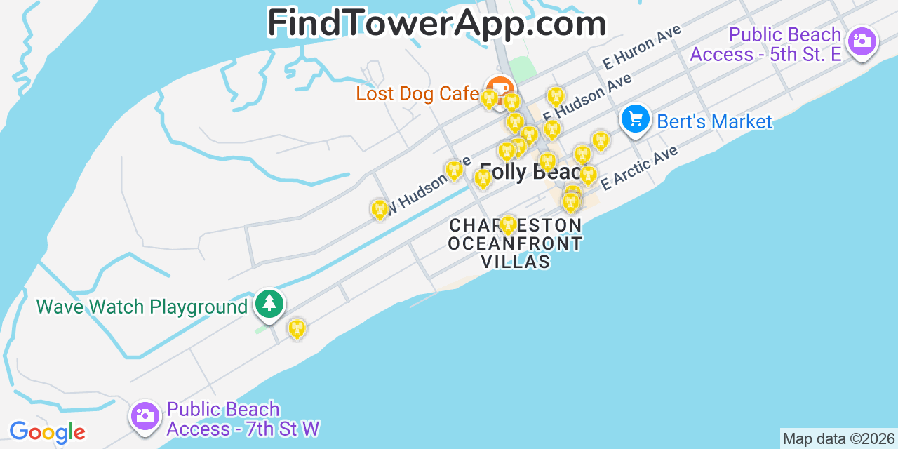 Map showing the 20 primary cell tower locations detected in Folly Beach, South Carolina from AT&T, Verizon, and T-Mobile networks