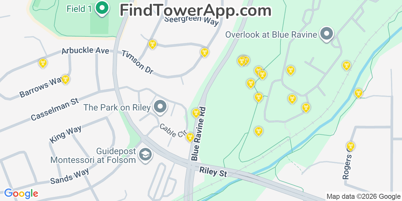 Map showing the 20 primary cell tower locations detected in Folsom, California from AT&T, Verizon, and T-Mobile networks