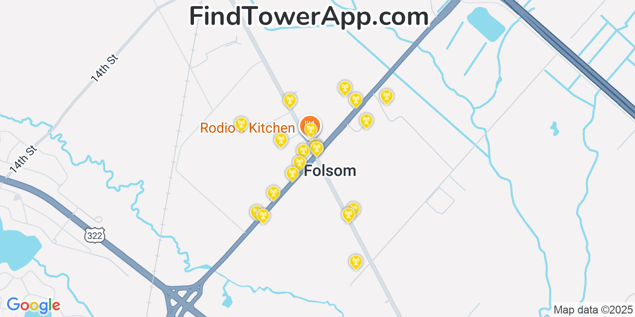 Map showing the 20 primary cell tower locations detected in Folsom, New Jersey from AT&T, Verizon, and T-Mobile networks