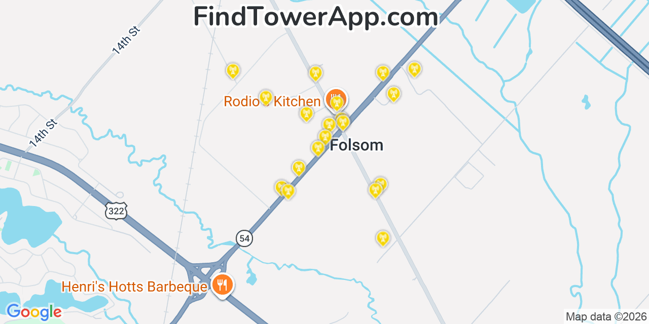 Map showing the 20 primary cell tower locations detected in Folsom, New Jersey from AT&T, Verizon, and T-Mobile networks
