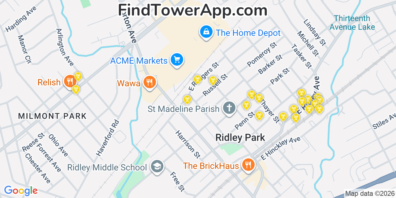 Map showing the 20 primary cell tower locations detected in Folsom, Pennsylvania from AT&T, Verizon, and T-Mobile networks