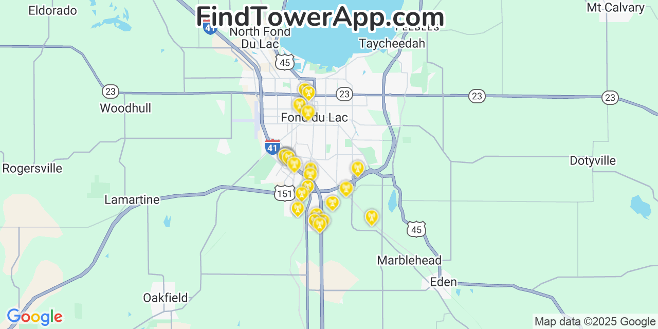 Map showing the 24 primary AT&T cell tower locations detected in Fond Du Lac, Wisconsin with coverage radius and signal strength indicators