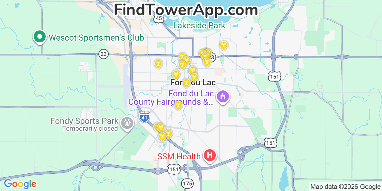 Map showing the 20 primary cell tower locations detected in Fond Du Lac, Wisconsin from AT&T, Verizon, and T-Mobile networks