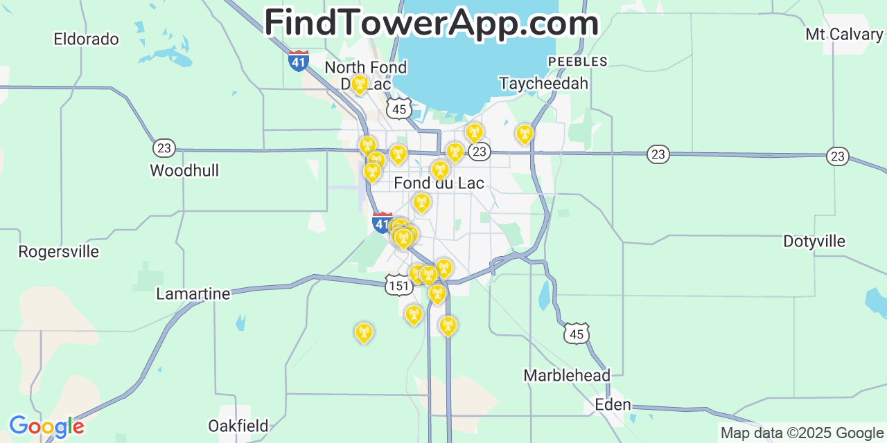 Map showing the 22 primary T-Mobile cell tower locations detected in Fond Du Lac, Wisconsin with coverage radius and signal strength indicators