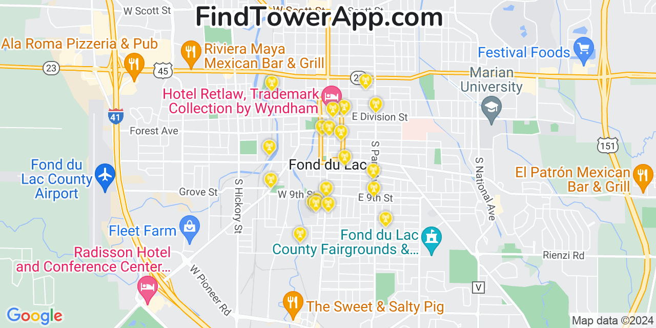 AT&T 4G/5G cell tower coverage map Fond du Lac, Wisconsin