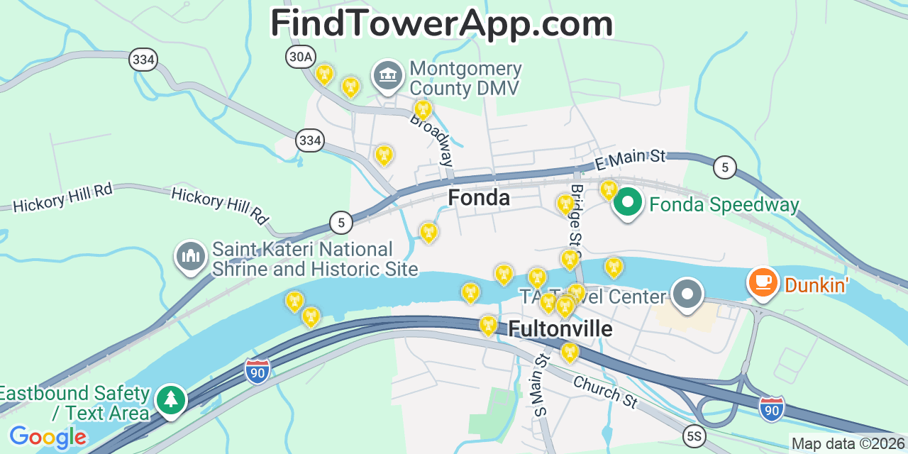 Map showing the 20 primary cell tower locations detected in Fonda, New York from AT&T, Verizon, and T-Mobile networks