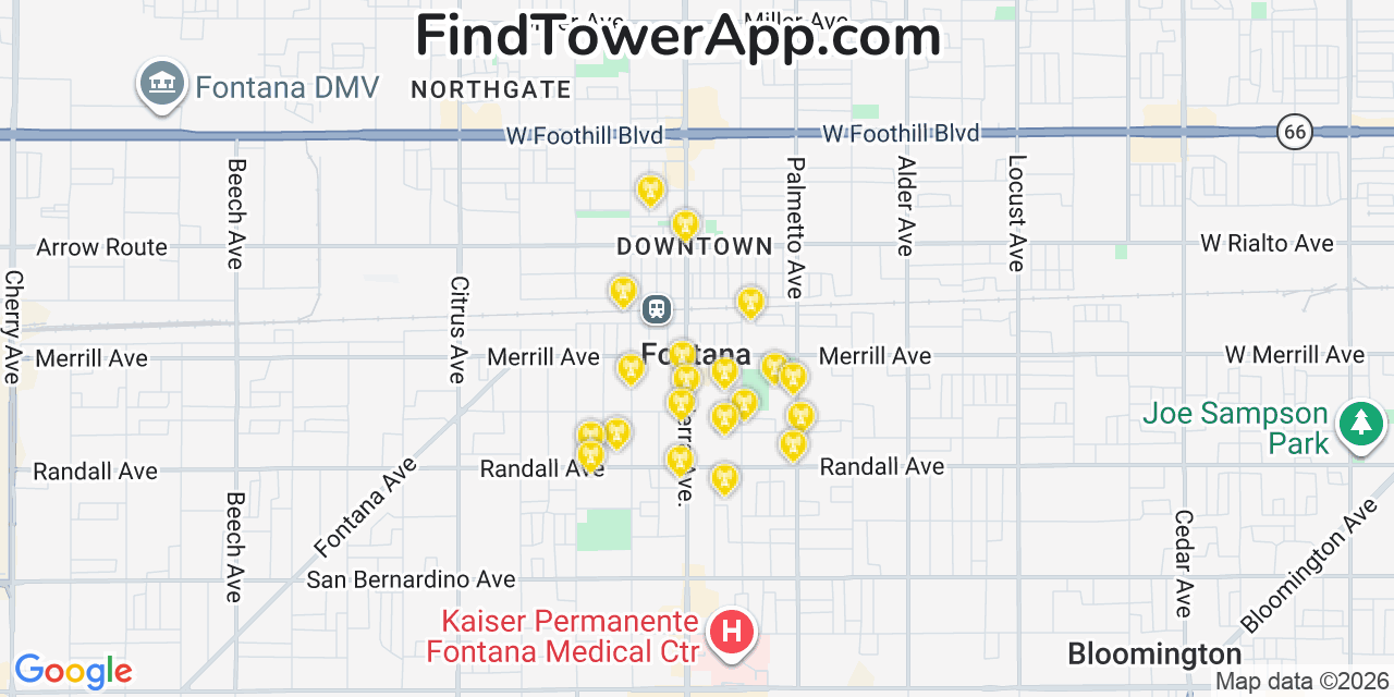 Map showing the 20 primary cell tower locations detected in Fontana, California from AT&T, Verizon, and T-Mobile networks