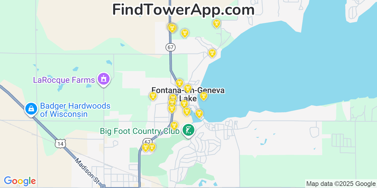 Map showing the 20 primary cell tower locations detected in Fontana, Wisconsin from AT&T, Verizon, and T-Mobile networks