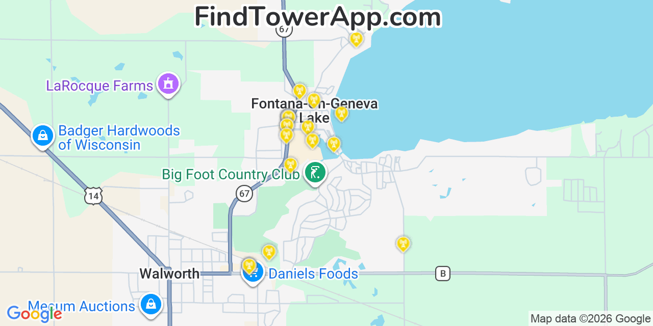 Map showing the 20 primary cell tower locations detected in Fontana, Wisconsin from AT&T, Verizon, and T-Mobile networks