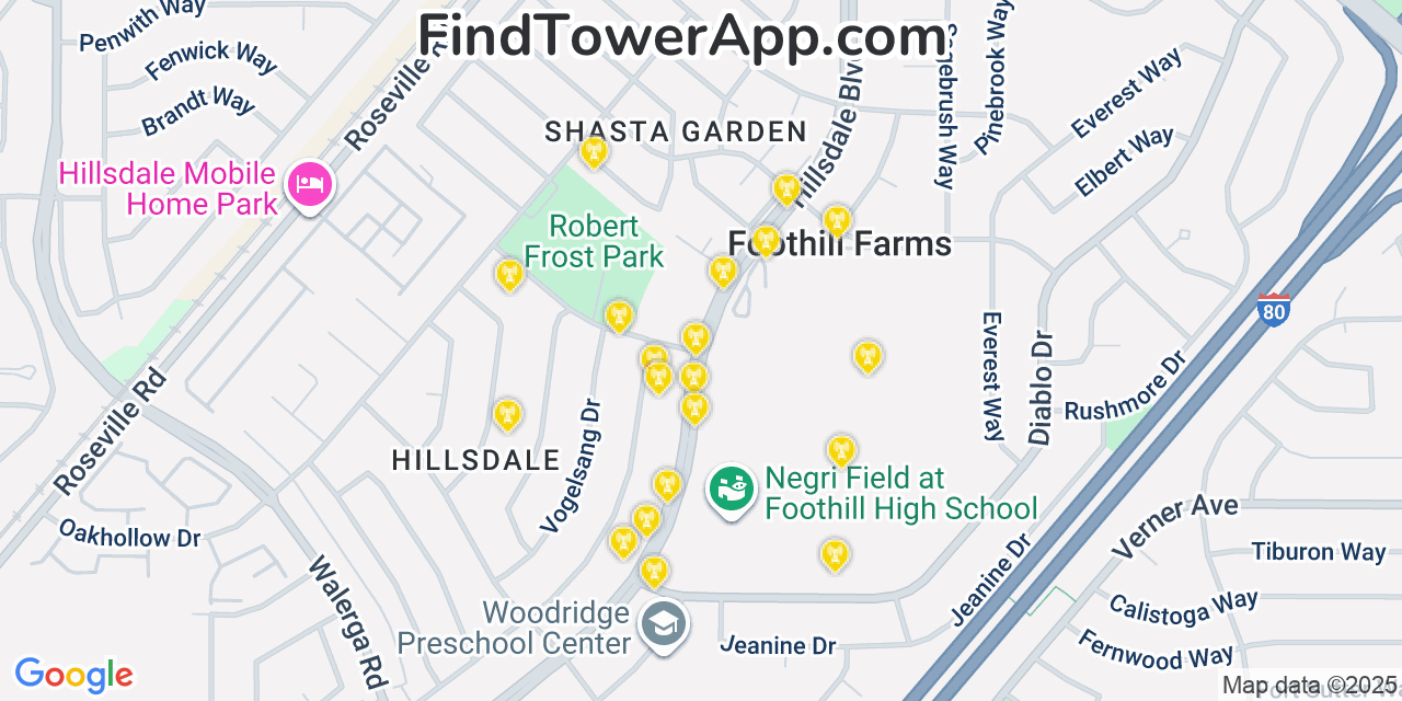 Map showing the 20 primary cell tower locations detected in Foothill Farms, California from AT&T, Verizon, and T-Mobile networks