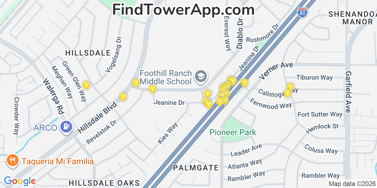 Map showing the 20 primary cell tower locations detected in Foothill Farms, California from AT&T, Verizon, and T-Mobile networks