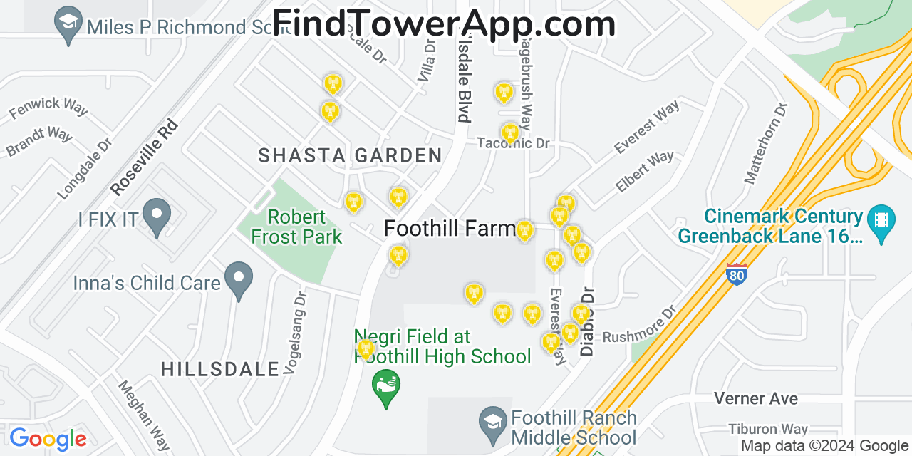Verizon 4G/5G cell tower coverage map Foothill Farms, California