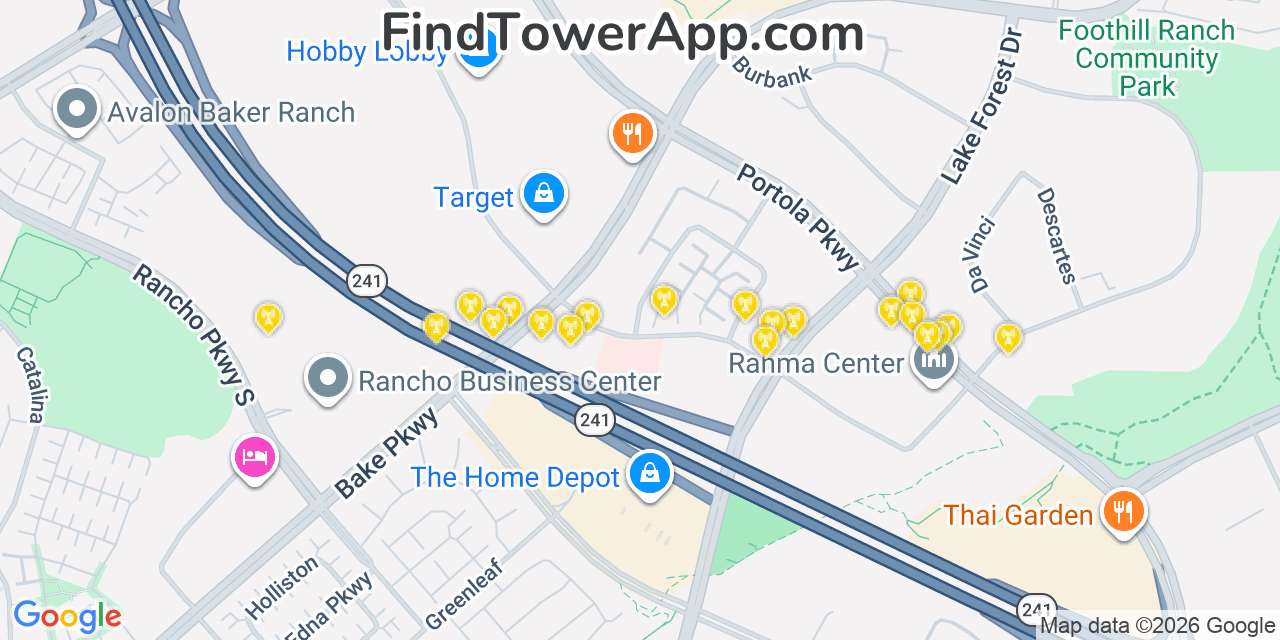 Map showing the 20 primary cell tower locations detected in Foothill Ranch, California from AT&T, Verizon, and T-Mobile networks